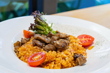 Close up shot of beef Risotto