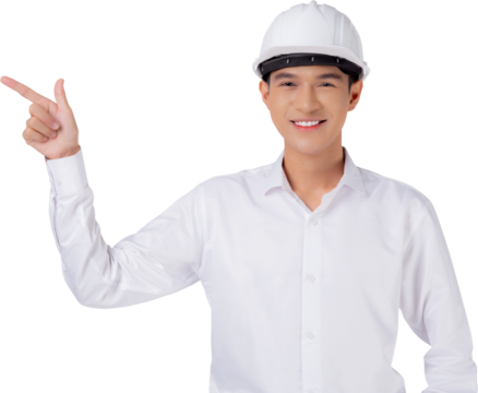 Portrait young asian man is engineer wearing helmet standing and smiling with confident, male is architect or contractor presenting or showing something, industrial concept.