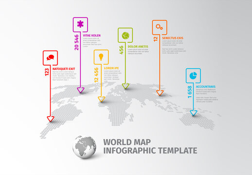 Light World map infographic template with thin line square pointer marks