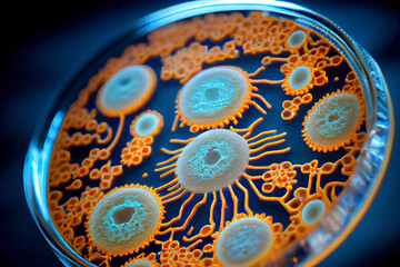 Macro close up shot of bacteria and virus cells in a scientific laboratory petri dish