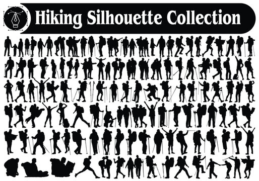 Hiker or Hiking in mountains silhouettes Vector Collection