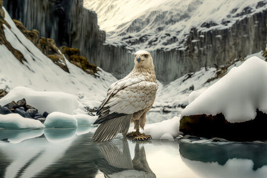 Raubvogel Adler am See in den Bergen Natur Mountain Eagle Digital Art Hintergrund Background Cover Illustration Generative AI