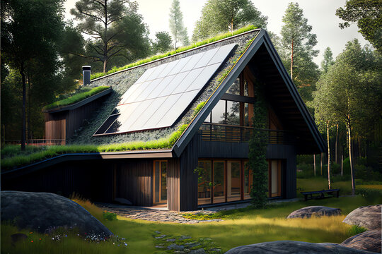 Exterior Of Ecologic Cottage With Big French Windows And Photovoltaics Panels ,created With Generative AI Technology.