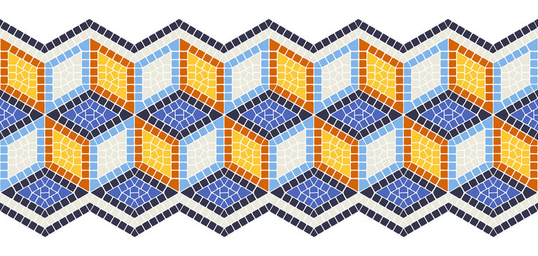 Ancient cube mosaic seamless border. Decorative antique stone ornament.