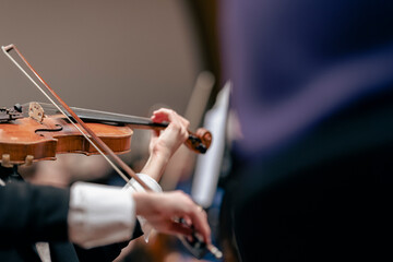 A person playing the violin or viola during a classical symphony orchestra rehearsal