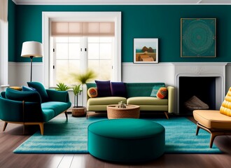 Modern lounge, teal cushions. this retro-inspired look uses wood, cream furniture. generative AI.