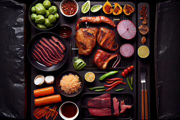 overhead photograph of a BBQ with the meats laid out on the grill