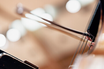 A double bass bow going across strings