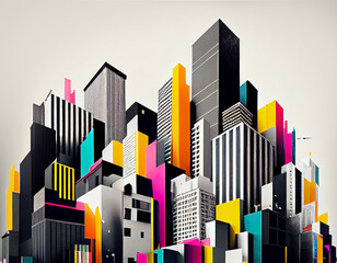 graphic illustration of a city with bright colors contrasting with black and white buildings, generative AI