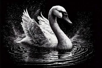 black and white illustration of a swimming swan, generative AI
