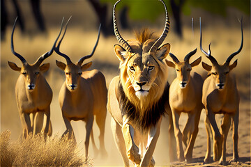 Half prey half predator animal pack, a mix between lions and gazelles, generative AI
