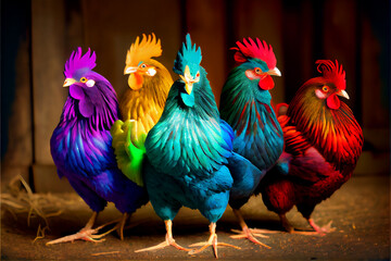 Fototapeta premium Poultry fashion statement, bright colored dyed hens and cocks, generative AI