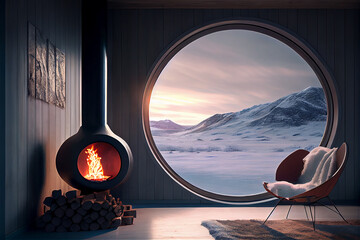 Contemporary interior with a modern fireplace by a window showing a snowy landscape, generative AI