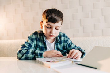 Kid school boy doing homework at home. Remote education. Reading writing subjects