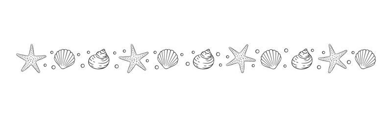 Seashells and starfish border divider outline. Sea and ocean design template. Vector illustration summer or beach party, advertising design