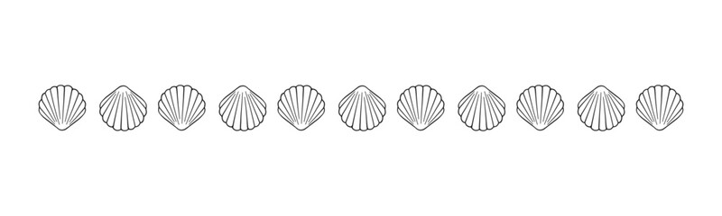 Seashells scallop border divider line art. Sea and ocean design template. Vector illustration summer or beach party, advertising design