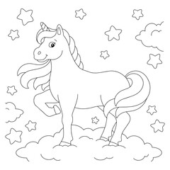 Fairytale unicorn. Coloring book page for kids. Cartoon style character. Vector illustration isolated on white background.