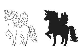 Cute unicorn with wings. Black silhouette. Magic fairy horse. Coloring book page for kids. Cartoon style. Vector illustration isolated on white background.