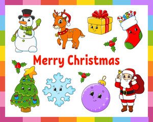 Set of stickers with cute cartoon characters. Winter clipart. Hand drawn. Colorful pack. Vector illustration. Patch badges collection for kids. For daily planner, organizer, diary.