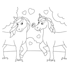 Cute unicorns. Coloring book page for kids. Valentine's Day. Cartoon style character. Vector illustration isolated on white background.