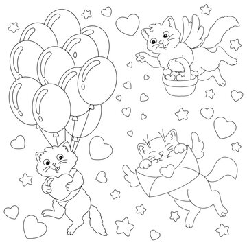 A cute cat carries a gift, hearts and an envelope. Coloring book page for kids. Valentine's Day. Cartoon style character. Vector illustration isolated on white background.