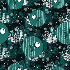 Seamless pattern with fish pattern. dark background. Trendy seamless design with underwater animals.Aqua color