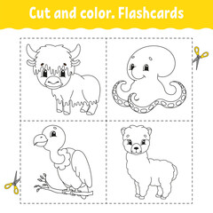 Cut and color. Flashcard Set. Coloring book for kids. Cute cartoon character. Black contour silhouette. Isolated on white background. Vector illustration.