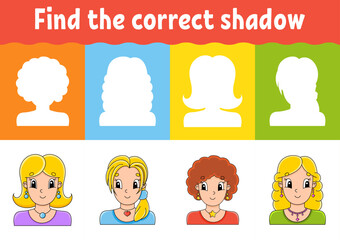 Find the correct shadow. Education worksheet. Matching game for kids. Color activity page. Puzzle for children. cartoon character. Vector illustration.