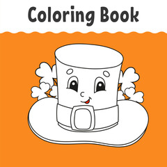 Coloring book for kids. Cheerful character. Cute cartoon style. Fantasy page for children. St. Patrick's day. Black contour silhouette on color background. Vector illustration.