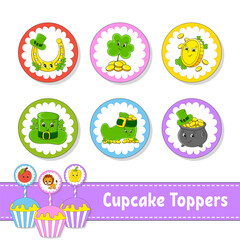 Cupcake Toppers. Set of six round pictures. cartoon characters. Cute image. For birthday, baby shower. Isolated on white background. Vector illustration.
