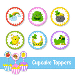Fototapeta premium Cupcake Toppers. Set of six round pictures. cartoon characters. Cute image. For birthday, baby shower. Isolated on white background. Vector illustration.