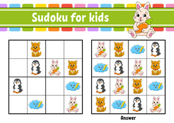 Fototapeta na wymiar Sudoku for kids. Education developing worksheet. cartoon character. Color activity page. Puzzle game for children. Logical thinking training. Vector illustration.