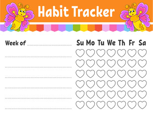 Habit tracker for kids. Sheet template for printing. With cute character. Vector illustration.
