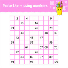 Paste the missing numbers from 1 to 100. Handwriting practice. Learning numbers for kids. Education developing worksheet. Activity page. Vector illustration.