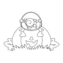 Pumpkin with sweets. Coloring book page for kids. Halloween theme. Cartoon style character. Vector illustration isolated on white background.