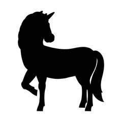 Magic fairy unicorn. Cute horse. Black silhouette. Design element. Vector illustration isolated on white background. Template for books, stickers, posters, cards, clothes.