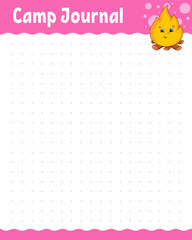 Lined sheet template for camp journal. Handwriting paper. For diary, planner, checklist, wish list. With cute character. Vector illustration.