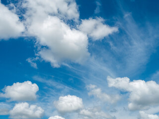 Blue sky fluffy white clouds on summer season bright clear skyline with beautiful cloudscape. Panorama blue sky clouds pattern on daylight with copy space. Cumulus cloudscape air climate sunny day