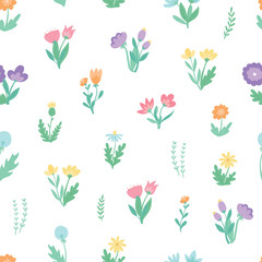 cute floral seamless pattern with hand drawn wildflowers on white background. Floral pattern, textile print, kids apparel, packaging, wallpaper, scrapbooking and stationary design. EPS 10