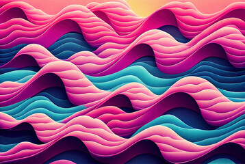 Fototapeta premium Sea waves pattern abstract background, volumetric purple pink and blue waves texture, imitation of watercolor painting created with Generative AI technology