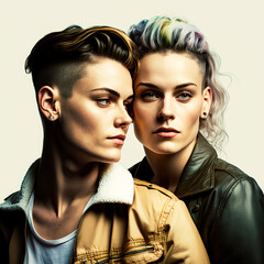 Fototapeta premium Portrait of two women same sex lover. Attractive romantic female LGBTQ couple.
