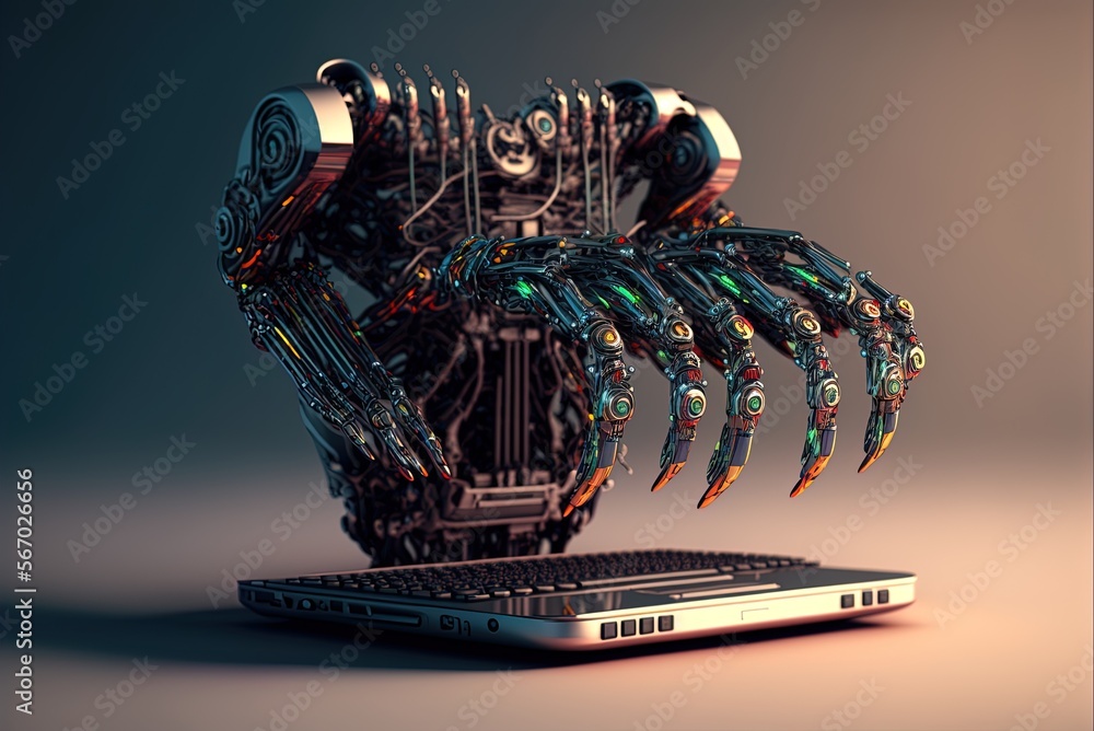 Poster robot hands with laptop mechanical appendages generative ai