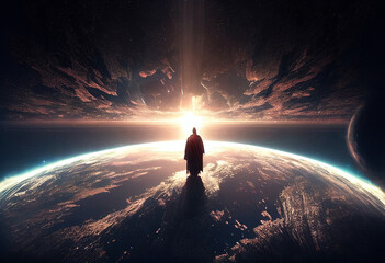 God looks at earth from sky. Godless people watching our world..