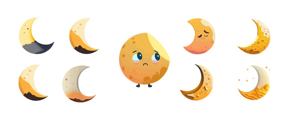 Cartoon set of moon, crescent. Cute moon collection. Isolated on white background. Vector illusrtation