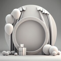 3D Render of Circular Frame On Podium With Gift Box. Balloons Decorated Light Gray Curtain Background. Generative AI