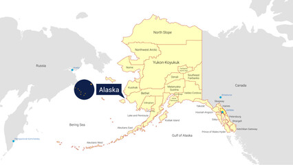 Map of state of Alaska with all counties and flag. Detailed. Vector. Isolated polygons