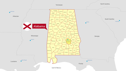 Map of state of Alabama with all counties and flag. Detailed. Vector. Isolated polygons