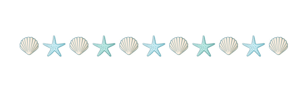 Seashells border divider. Sea and ocean design template. Vector illustration summer or beach party, advertising design
