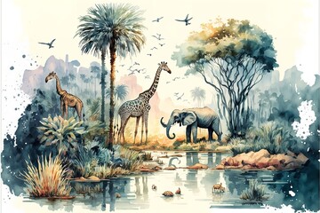 African tropical rainforest scene depicted in a 3D watercolor painting with trees close to a river and giraffes. Generative Ai - obrazy, fototapety, plakaty