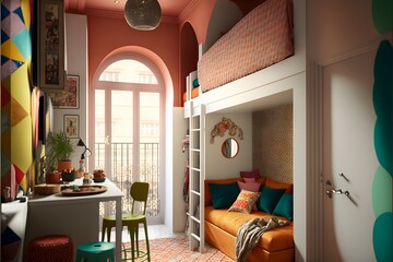 A high resolution living room, Teenagers beds ideas, generative ai, high ceiling and filled with warm green and orange colour as the wall blend in with the design of the furniture.	